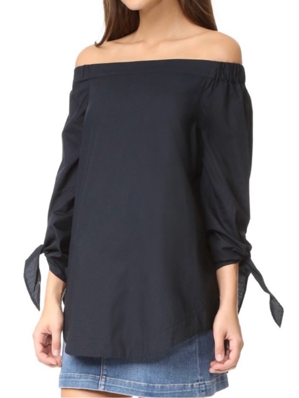 Off-the-Shoulder Black Tie-Sleeve Women's Blouse